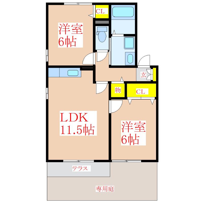 セジュールシエル C棟(2LDK/1階)の間取り写真