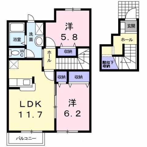 アンソレイエ B棟(2LDK/2階)の間取り写真