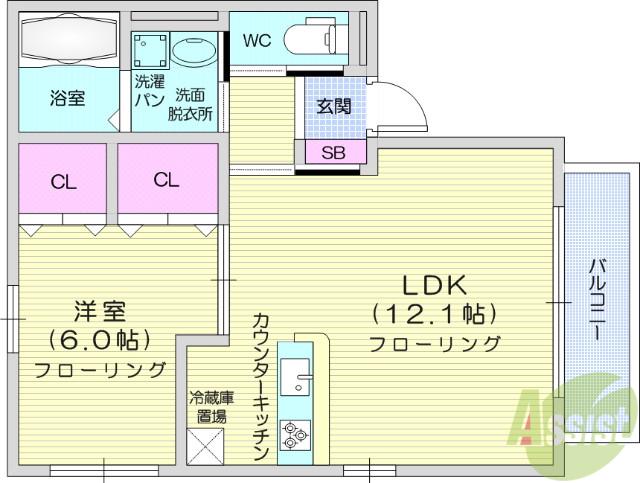 ノエル若林B棟(1LDK/1階)の間取り写真