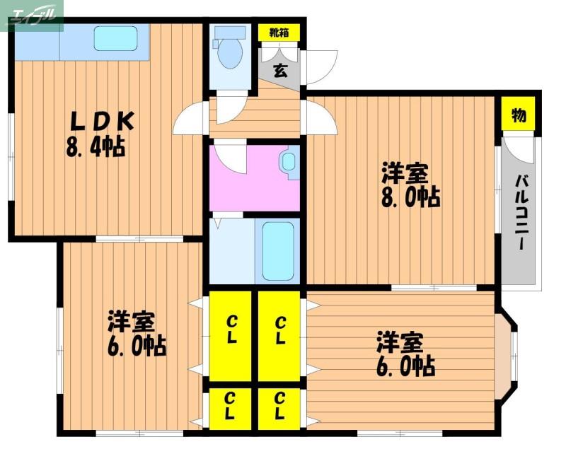 ラシェールB棟(3LDK/1階)の間取り写真