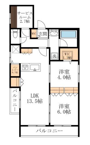 LA COUR MIYAKO ウエストラ・クール都ウエスト(2LDK/2階)の間取り写真