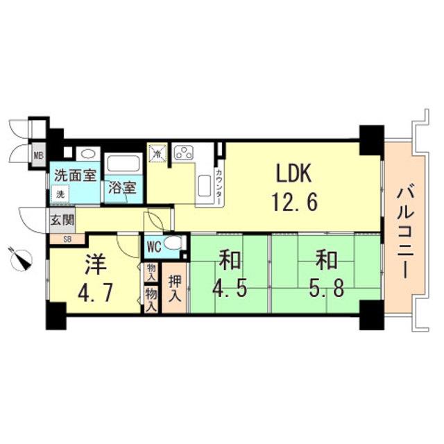ライオンズマンション鷹取(3LDK/8階)の間取り写真