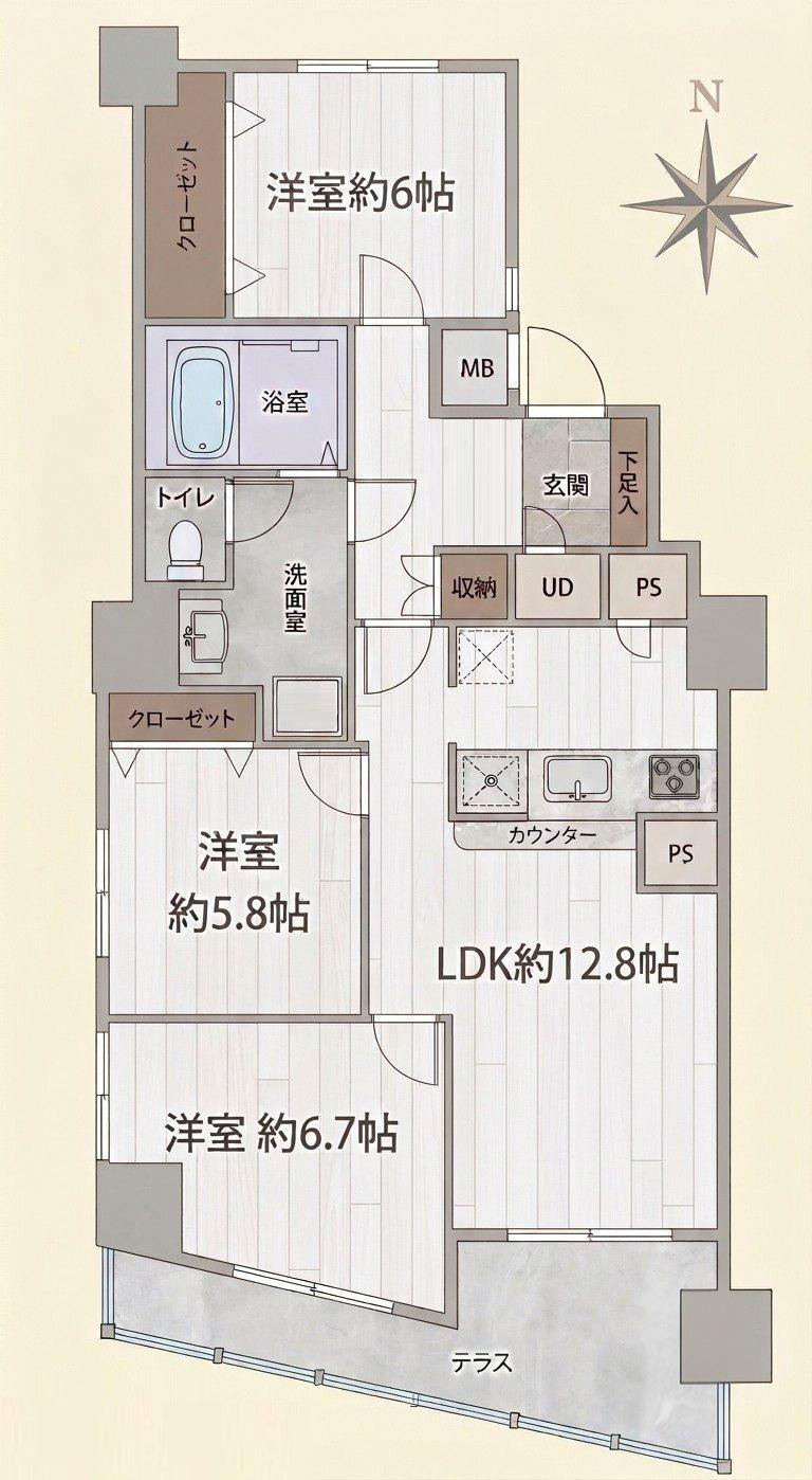 チュリス平塚(3LDK/1階)の間取り写真