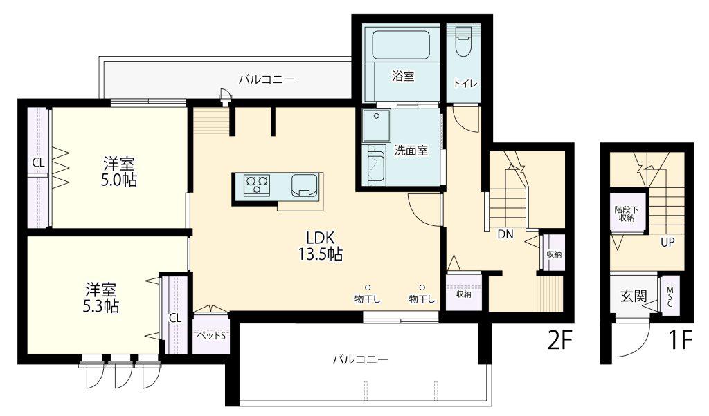 稲城押立ヘーベルメゾン(2LDK/2階)の間取り写真