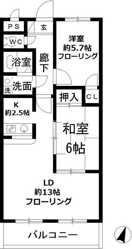 ゼファーシャン・ティオン蘇我 壱番館(2LDK/3階)の間取り写真