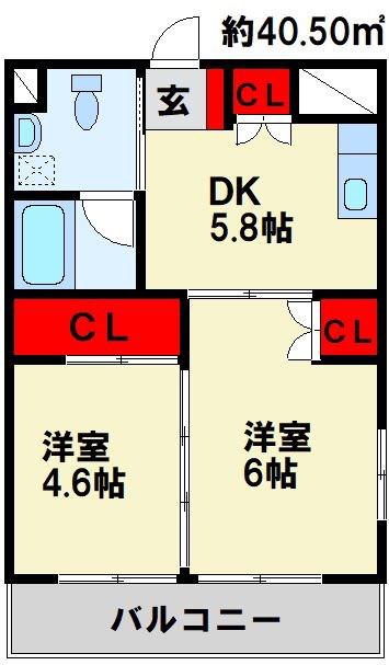 オアーゼ上の原(2DK/4階)の間取り写真