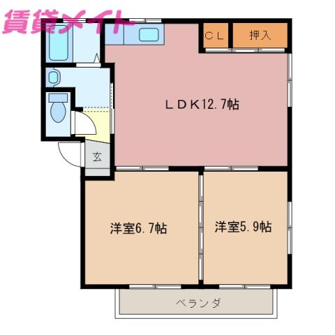 サンポート松寺F棟(2LDK/2階)の間取り写真