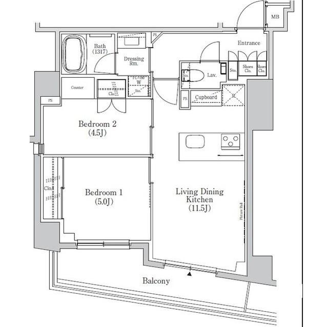 ザ・パークハビオSOHO市谷左内町(2LDK/1階)の間取り写真