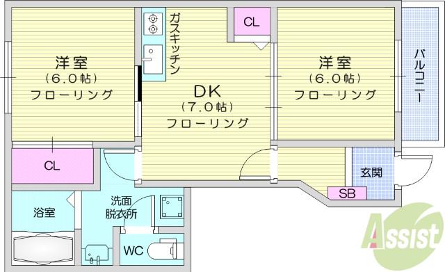 ベルウッドB(2DK/1階)の間取り写真