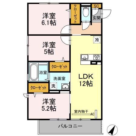 パラディーソ A棟(3LDK/2階)の間取り写真