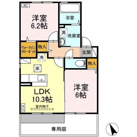 ボヌール・ヒルズ 市名坂 F(2LDK/1階)の間取り写真