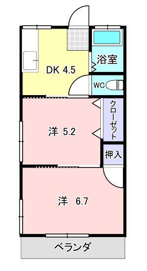 JR豊肥本線 武蔵塚駅 徒歩15分 2階建 築54年(2DK/2階)の間取り写真