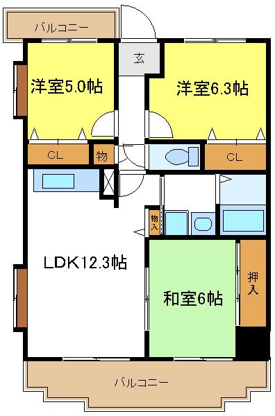 南海ハイライズフラット天下茶屋(3LDK/3階)の間取り写真