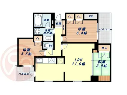 サンクタスタワー心斎橋ミラノグランデ(3LDK/23階)の間取り写真