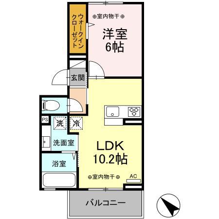 ヒルズ国母(1LDK/2階)の間取り写真