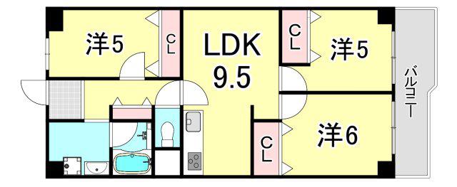 武庫川ニュースカイハイツ(3LDK/6階)の間取り写真