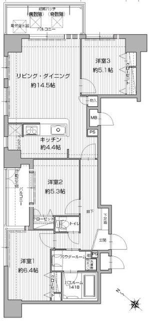 アクタス渡辺通パークシティ(3LDK/10階)の間取り写真