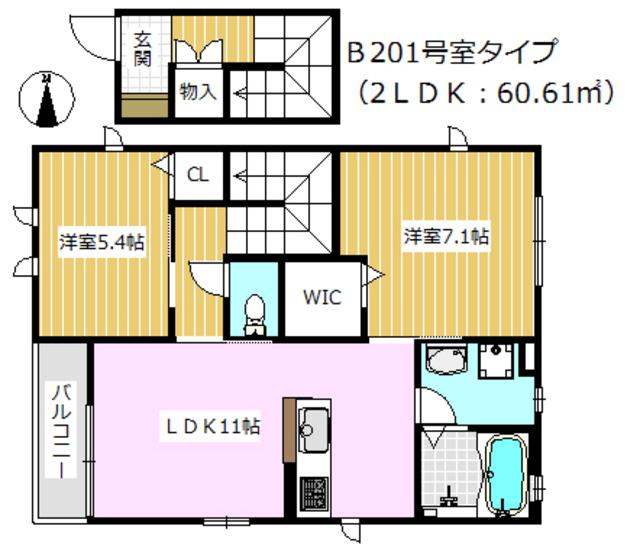 リュードゥルポB棟(2LDK/2階)の間取り写真