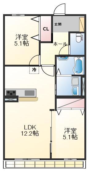 HRヒメジ XV(2LDK/2階)の間取り写真
