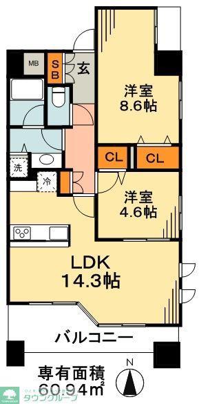 グランドハイライズ(2LDK/9階)の間取り写真