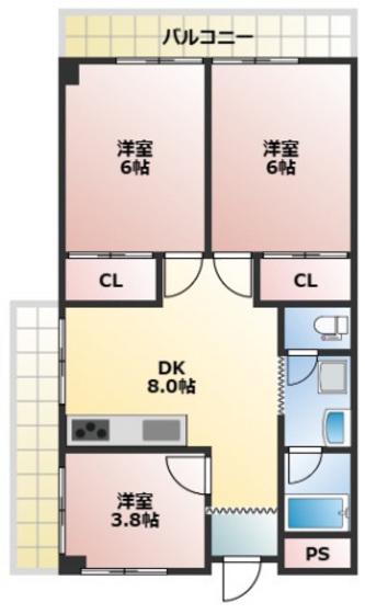 パークヒルズ豊成(3DK/6階)の間取り写真