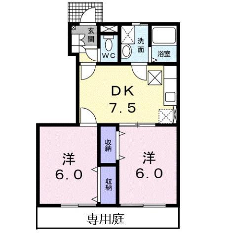 ソレイユ・ルヴァンB(2DK/1階)の間取り写真