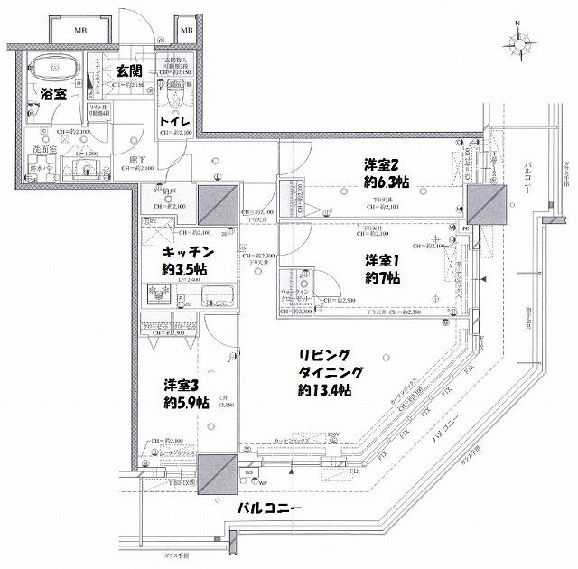 RYUX TOWER THE ウエスト(3LDK/11階)の間取り写真