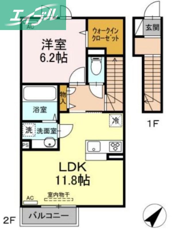 サンライズ吉岡(1LDK/2階)の間取り写真
