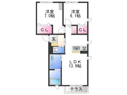 プロヌーブ今福II A棟(2LDK/1階)の間取り写真