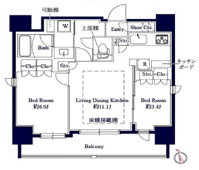 GRAN PASEO八丁堀II(2LDK/11階)の間取り写真