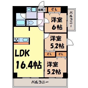 カーサビアンカ黒川(3LDK/8階)の間取り写真