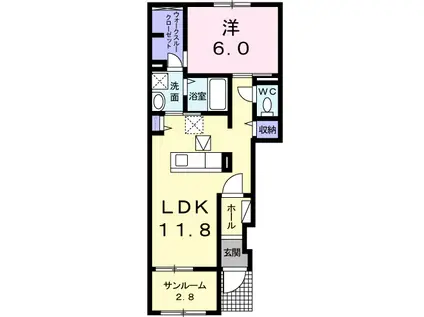 フェリシア カーサ B棟(1LDK/1階)の間取り写真