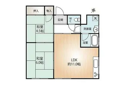 観音山ハイツ東棟(2LDK/1階)の間取り写真
