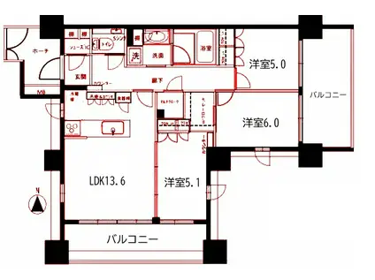 クリオ横濱三ツ沢ガーデンマークス(3LDK/5階)の間取り写真