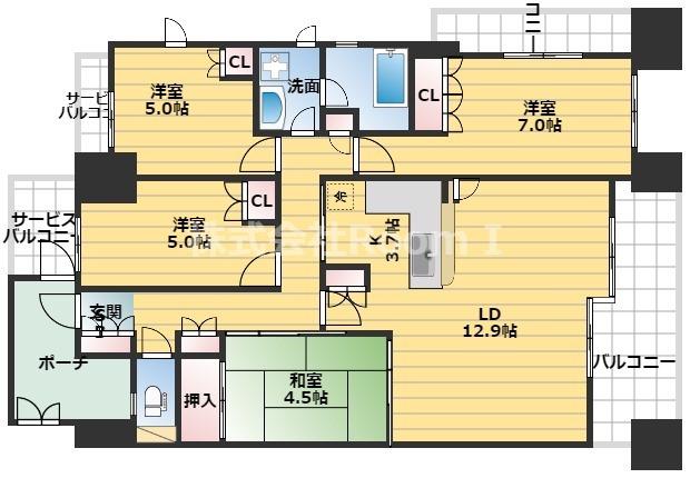 カスタリア上町台(4LDK/12階)の間取り写真