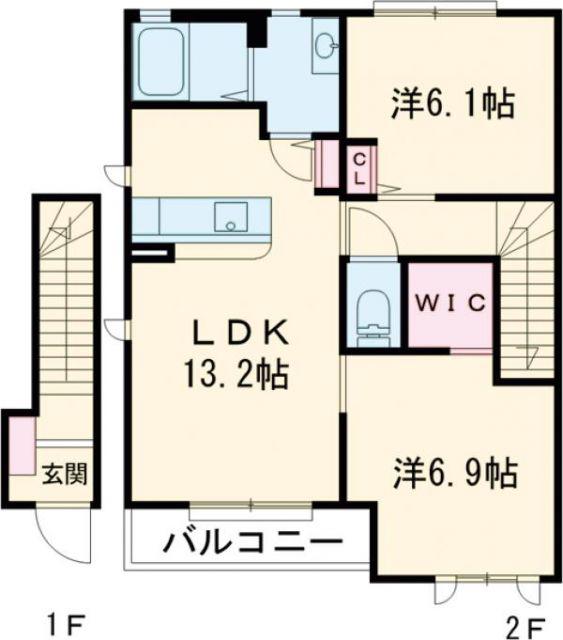 リーフガーデンハイツE棟(2LDK/2階)の間取り写真
