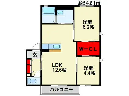 ヴィラサニーサイドB棟(2LDK/1階)の間取り写真