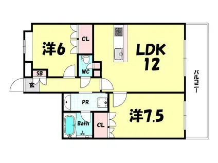 リーガル新神戸パークサイド(2LDK/6階)の間取り写真