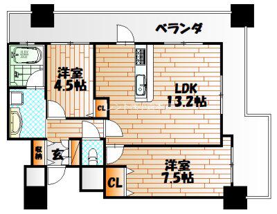 小倉D.C.TOWER(2LDK/9階)の間取り写真
