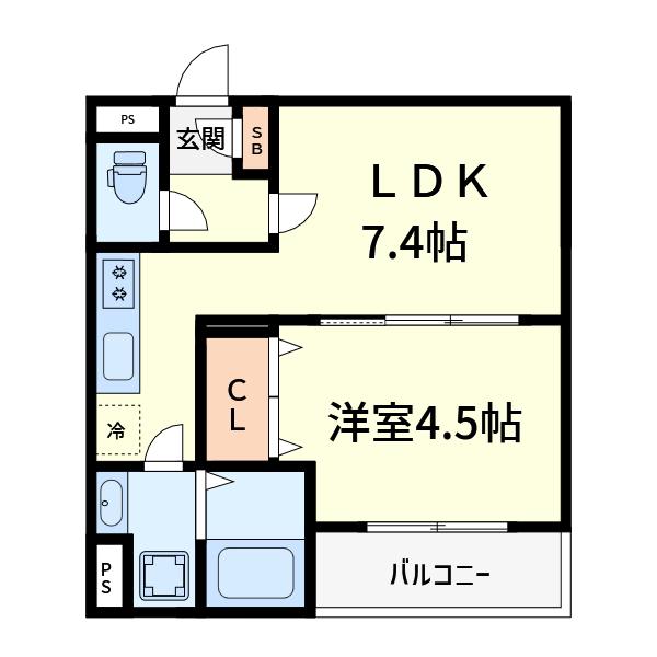 FLORA高槻富田(1LDK/2階)の間取り写真