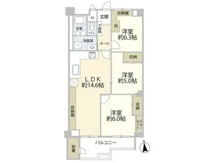 京王北野マンション四(3LDK/1階)の間取り写真