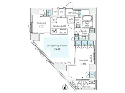 モノリス広尾(2LDK/9階)の間取り写真
