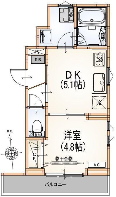 ジュネス竹町(1DK/2階)の間取り写真