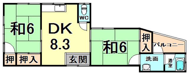 甲子園四番町ハイツ(2DK/2階)の間取り写真