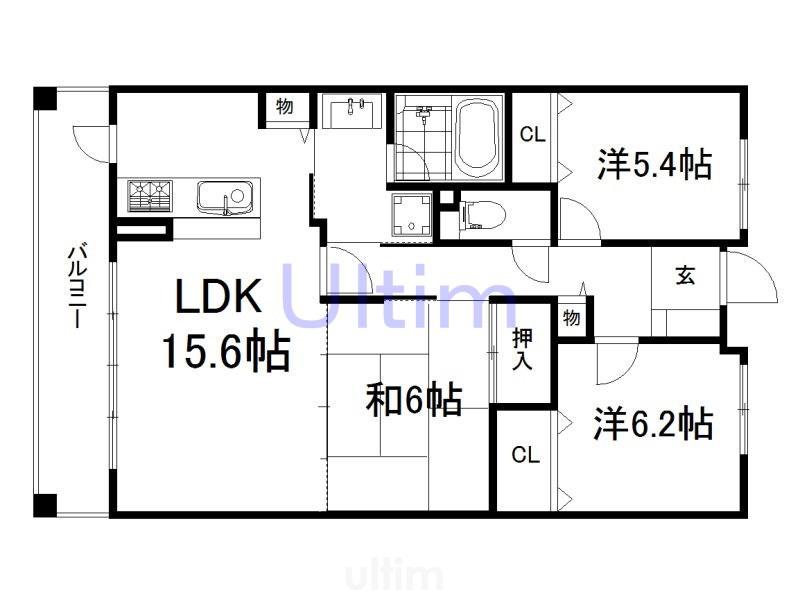 伏見桃山大手筋アーバンコンフォート(3LDK/8階)の間取り写真