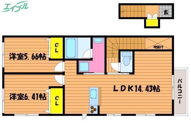 ドミール岡南(2LDK/2階)の間取り写真