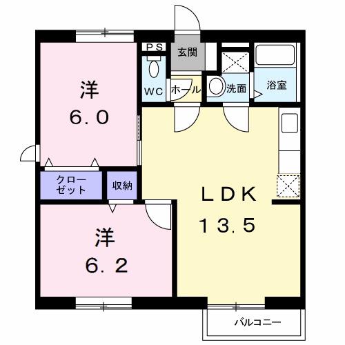 ディアコートB(2LDK/2階)の間取り写真