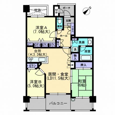 アーサー久留米六ツ門ウイング(3LDK/2階)の間取り写真