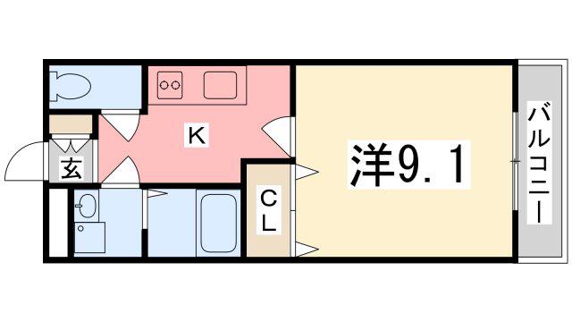 ヴェルジュール御着(1K/2階)の間取り写真