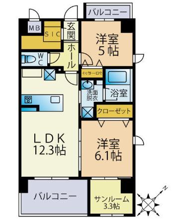 SUN・BLESSO塩原(2K/2階)の間取り写真